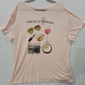 Express One Eleven Women Pink XL Sheer Short Sleeve T-Shirt Take Me To The Beach